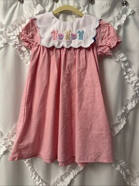 Pink Gingham Girls' Bunny Embroidered Collar Dress